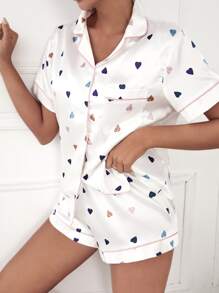 Heart Print Contrast Binding Satin Pyjama Set