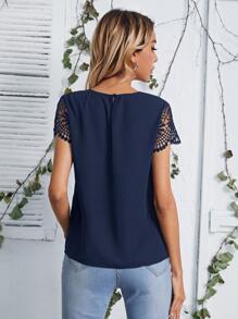 SHEIN LUNE Áo sơ mi nữ Nút Tương phản ren Cắt ra màu trơn Thanh lịch - Màu xanh hải quân - Xem 2