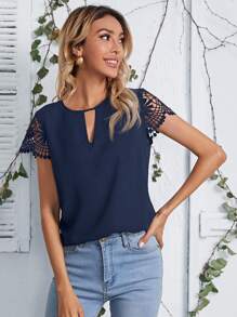 SHEIN LUNE Áo sơ mi nữ Nút Tương phản ren Cắt ra màu trơn Thanh lịch - Màu xanh hải quân - Xem 3