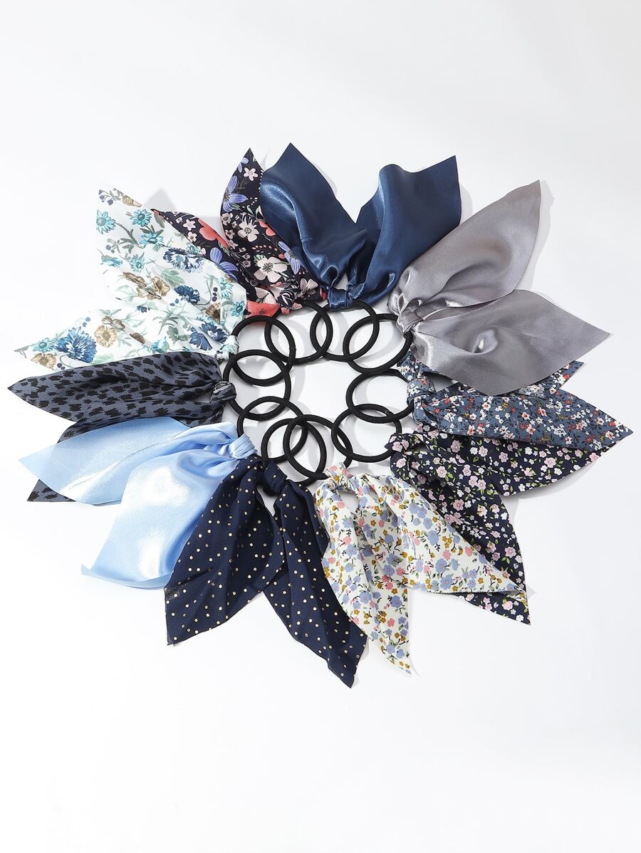 10入組布質花卉與純色髮帶，帶有尾巴，適合日常休閒穿著 - 彩色 - 查看 1