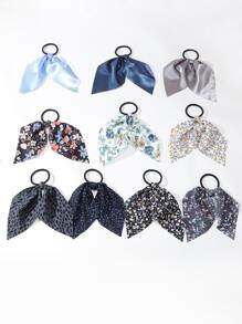 10入組布質花卉與純色髮帶，帶有尾巴，適合日常休閒穿著 - 彩色 - 查看 2