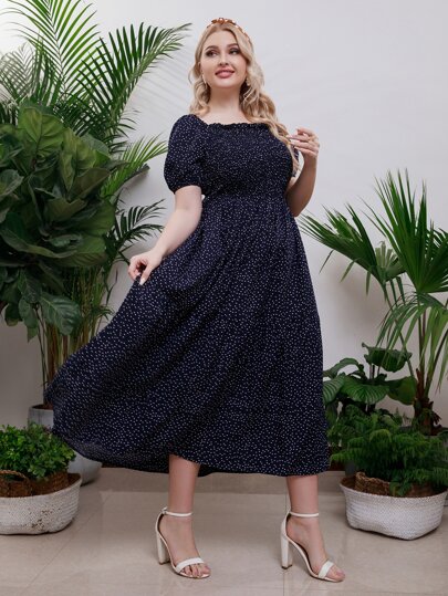 Plus Polka Dot Puff Sleeve Shirred Frilled Ruffle Hem Dress