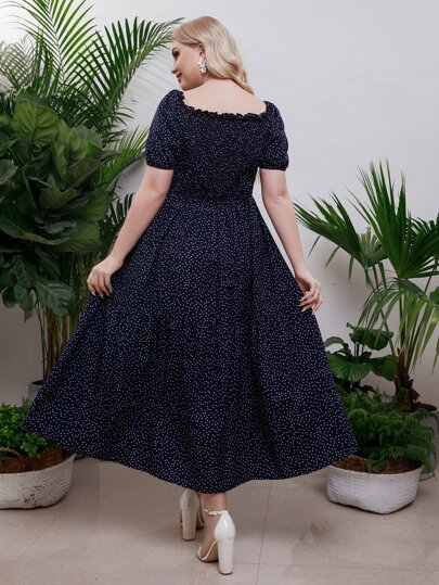 Plus Polka Dot Puff Sleeve Shirred Frilled Ruffle Hem Dress