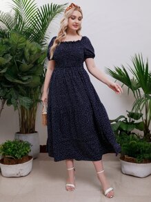 Mulvari 大碼波卡圓點泡泡袖打褶木耳邊荷葉邊連衣裙 - 藏蓝色 - 查看 3