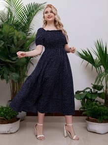 Mulvari 大碼波卡圓點泡泡袖打褶木耳邊荷葉邊連衣裙 - 藏蓝色 - 查看 5