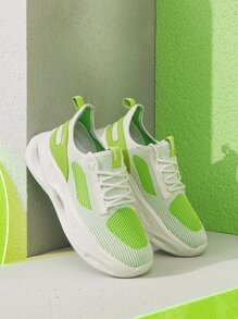 CUCCOO BASICS Colorblock Lace Up Front Hollow Out Chunky Sneakers - Lime Green - View 11
