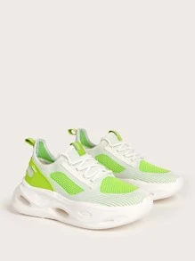 CUCCOO BASICS Colorblock Lace Up Front Hollow Out Chunky Sneakers - Lime Green - View 7