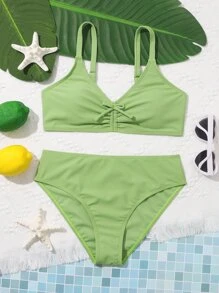 青少年女孩纯色系带前比基尼套装夏季海滩 - 綠色 - 查看 1