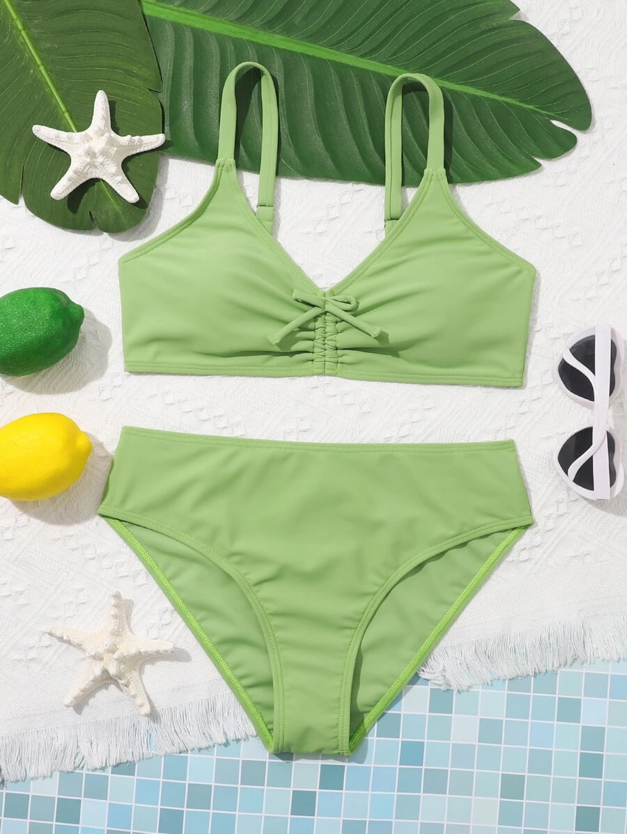 青少年女孩纯色系带前比基尼套装夏季海滩 - 綠色 - 查看 1