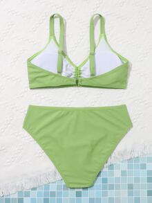 青少年女孩纯色系带前比基尼套装夏季海滩 - 綠色 - 查看 2