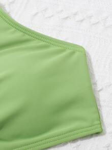 青少年女孩纯色系带前比基尼套装夏季海滩 - 綠色 - 查看 5