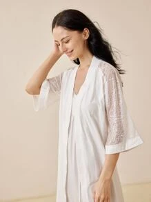 LUVLETTE 1 pieza bata con cinturón de manga raglán con encaje en contraste sin vestido de dormir - Blanco - Ver 3