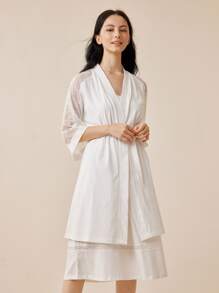 LUVLETTE 1 pieza bata con cinturón de manga raglán con encaje en contraste sin vestido de dormir - Blanco - Ver 5