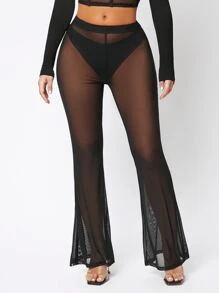 SHEIN SXY Sheer Mesh Flare Leg Trousers Without Panty - Black - View 3