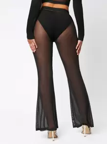 SHEIN SXY Sheer Mesh Flare Leg Trousers Without Panty - Black - View 2