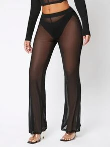 SHEIN SXY Sheer Mesh Flare Leg Trousers Without Panty - Black - View 4