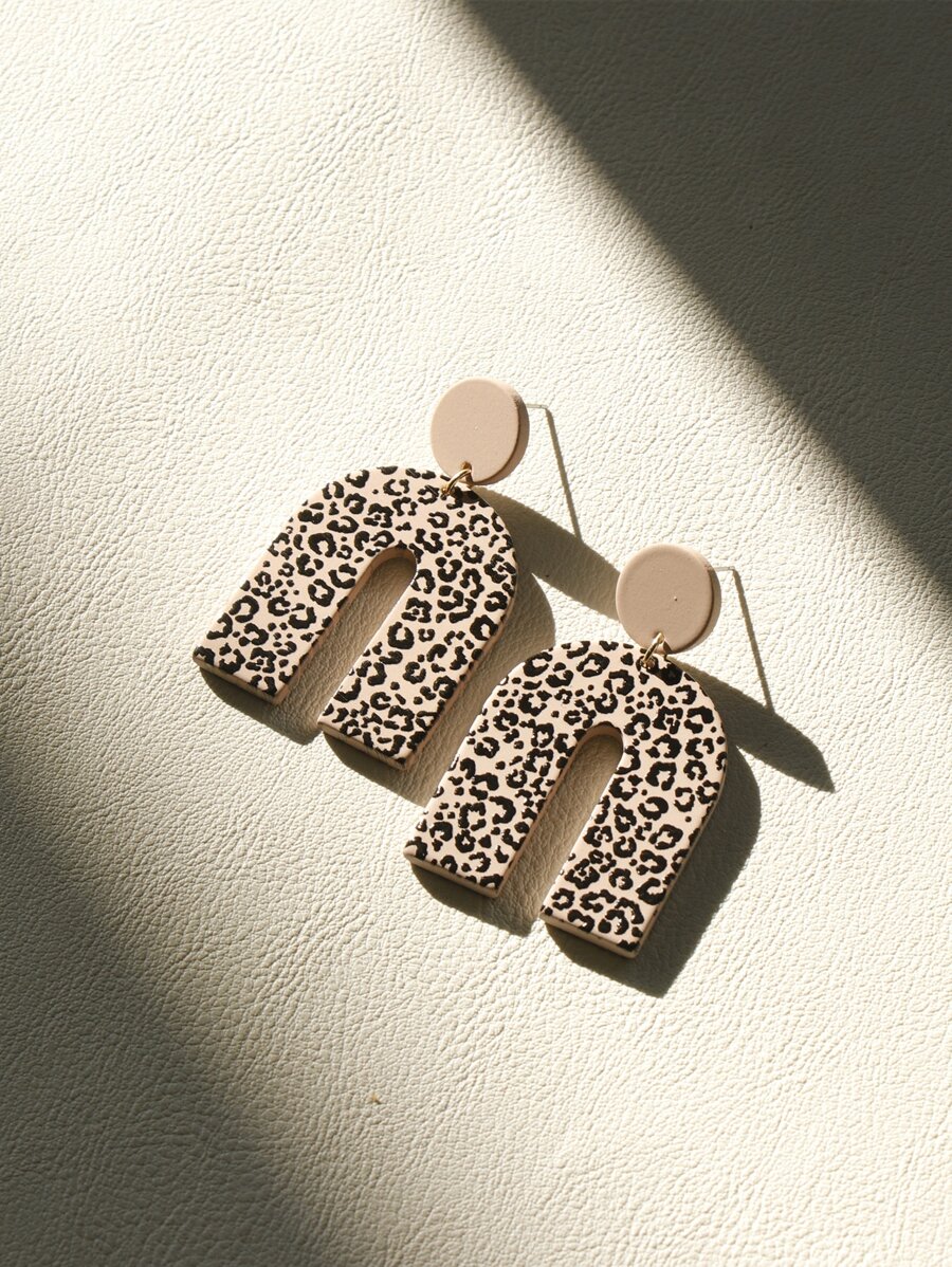 Leopard Print Geometric Drop Earrings - Multicolor - View 1