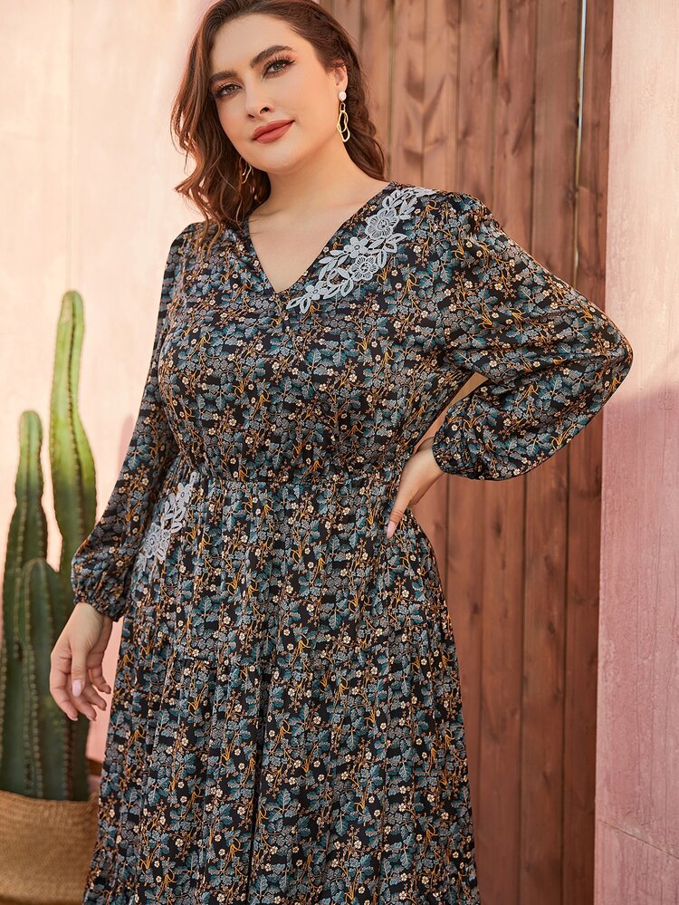 Vestido De Corte Grande Con Diseño Floral Y Aplicaciones, Mangas De Linterna Y Dobladillo Con Volantes - Multicolor - Añade 4