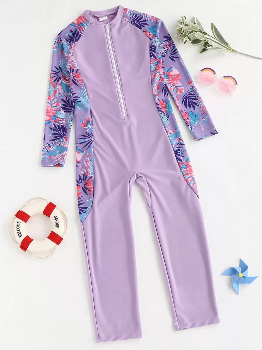 Tween Girl Plant Print Zipper Front One Piece Swimsuit - Purple - View 1