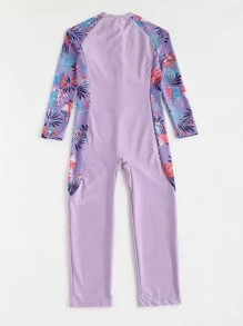 Tween Girl Plant Print Zipper Front One Piece Swimsuit - Purple - View 2