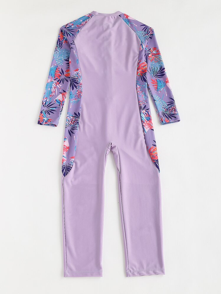少女植物印花拉鍊前開式連身泳衣 - 紫色 - 查看 2