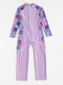 Tween Girl Plant Print Zipper Front One Piece Swimsuit - Purple - View 4