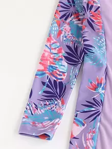 Tween Girl Plant Print Zipper Front One Piece Swimsuit - Purple - View 5