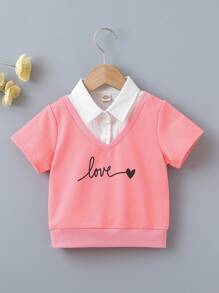 Niñas Pullover con estampado de letra y corazón 2 en 1 - Rosa - Ver 1