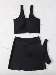 Plain Heart Shaped Linked Bikini With Cover Up - Black - View 2