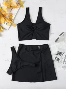 Plain Heart Shaped Linked Bikini With Cover Up - Black - View 3