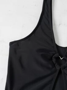 Plain Heart Shaped Linked Bikini With Cover Up - Black - View 4