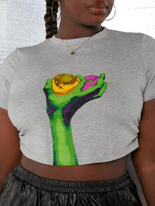 Slaydiva Áo thun Plus size Con số Giải trí - Màu Xám nhạt - Xem 4