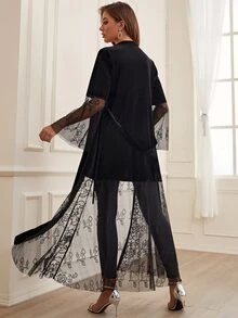 Đầm Thắt lưng Tương phản Mesh màu trơn Thanh lịch - màu đen - Xem 2