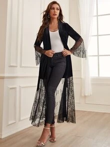 Đầm Thắt lưng Tương phản Mesh màu trơn Thanh lịch - màu đen - Xem 3