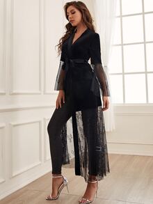 Đầm Thắt lưng Tương phản Mesh màu trơn Thanh lịch - màu đen - Xem 6