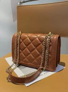 1pc Solid Color PU Leather Women's Fashionable Mini Diamond-Quilted Shoulder Bag With Metal Snap Closure And Adjustable Metal Chain Strap, Suitable For Daily And Outdoor Use - Brown - View 2