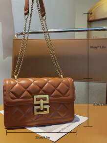 1pc Solid Color PU Leather Women's Fashionable Mini Diamond-Quilted Shoulder Bag With Metal Snap Closure And Adjustable Metal Chain Strap, Suitable For Daily And Outdoor Use - Brown - View 3