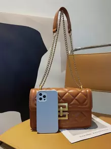 1pc Solid Color PU Leather Women's Fashionable Mini Diamond-Quilted Shoulder Bag With Metal Snap Closure And Adjustable Metal Chain Strap, Suitable For Daily And Outdoor Use - Brown - View 5