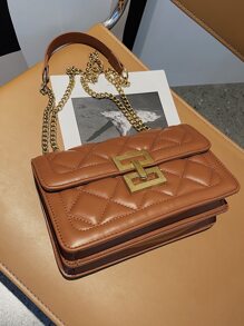 1pc Solid Color PU Leather Women's Fashionable Mini Diamond-Quilted Shoulder Bag With Metal Snap Closure And Adjustable Metal Chain Strap, Suitable For Daily And Outdoor Use - Brown - View 6