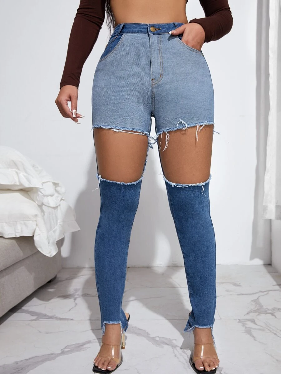 SHEIN High Waisted Colorblock Cutout Raw Hem Skinny Jeans - Medium Wash - View 1