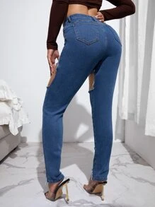 SHEIN High Waisted Colorblock Cutout Raw Hem Skinny Jeans - Medium Wash - View 2