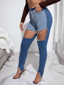 SHEIN High Waisted Colorblock Cutout Raw Hem Skinny Jeans - Medium Wash - View 4