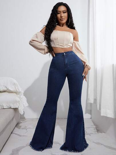 SHEIN SXY Jeans de pierna amplia de talle alto bajo crudo