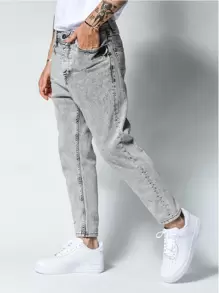 ROMWE MEN Casual Men Washed Slant Pocket Cropped Jeans, School