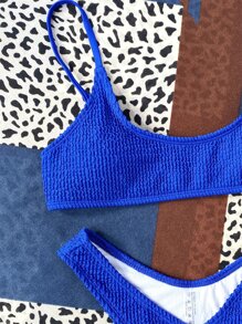 SHEIN Swim Conjunto de bikini texturizado de playa de verano con tirantes ajustables, hebilla, sujetador tipo cami y Bottom de tiro alto, 2 piezas - azul real - Ver 3