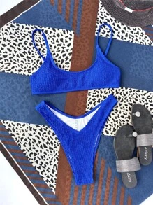 SHEIN Swim Conjunto de bikini texturizado de playa de verano con tirantes ajustables, hebilla, sujetador tipo cami y Bottom de tiro alto, 2 piezas - azul real - Ver 4