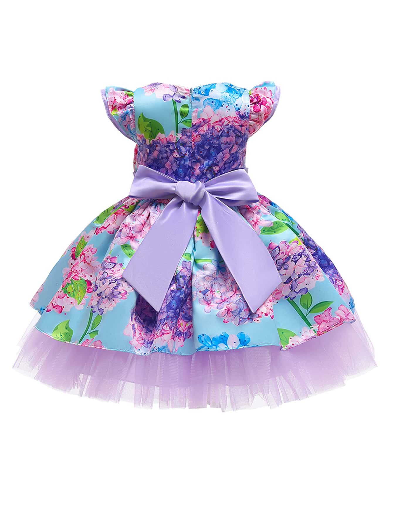 Toddler Girls Floral Print Mesh Insert Ruffle Trim Tie Back Gown Dress - Multicolor - View 2