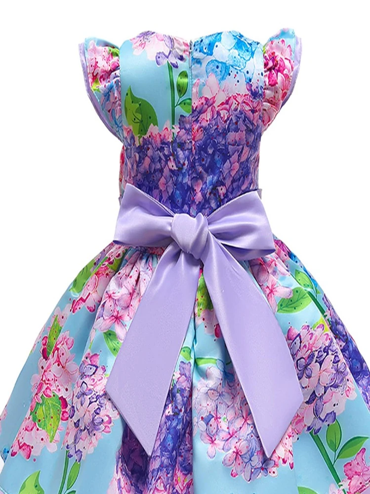 Toddler Girls Floral Print Mesh Insert Ruffle Trim Tie Back Gown Dress - Multicolor - View 3