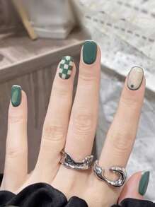 24 móng tay giả kẻ caro - màu xanh lá - Xem 1