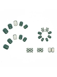 24 móng tay giả kẻ caro - màu xanh lá - Xem 2